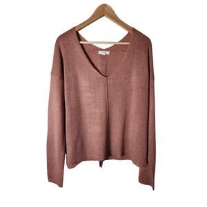 E & M Peach Coral V-Neck Back Button Accent Loose Fitting Boxy Sweater SZ M